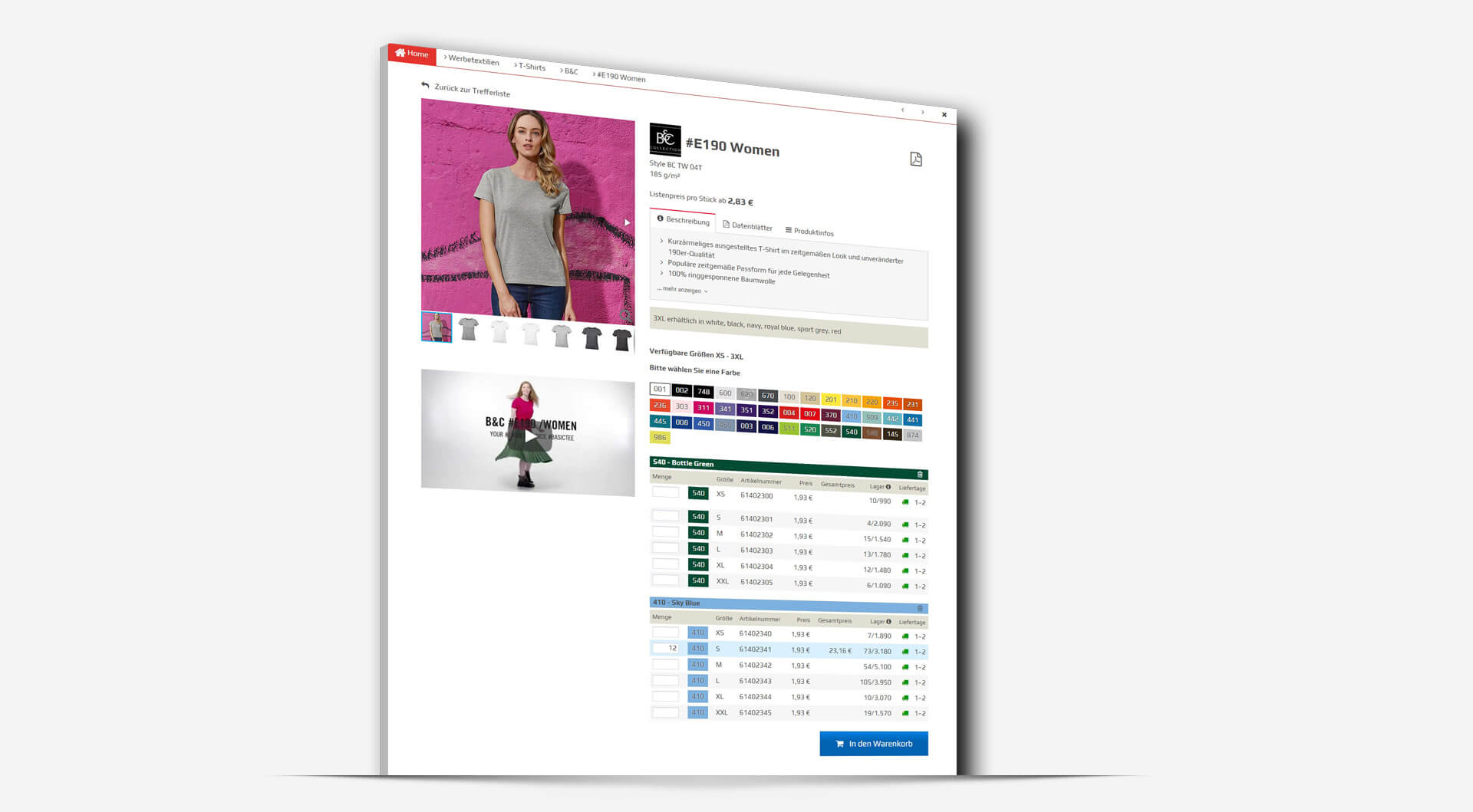 E Commerce B2B Groener Produktseite Textil