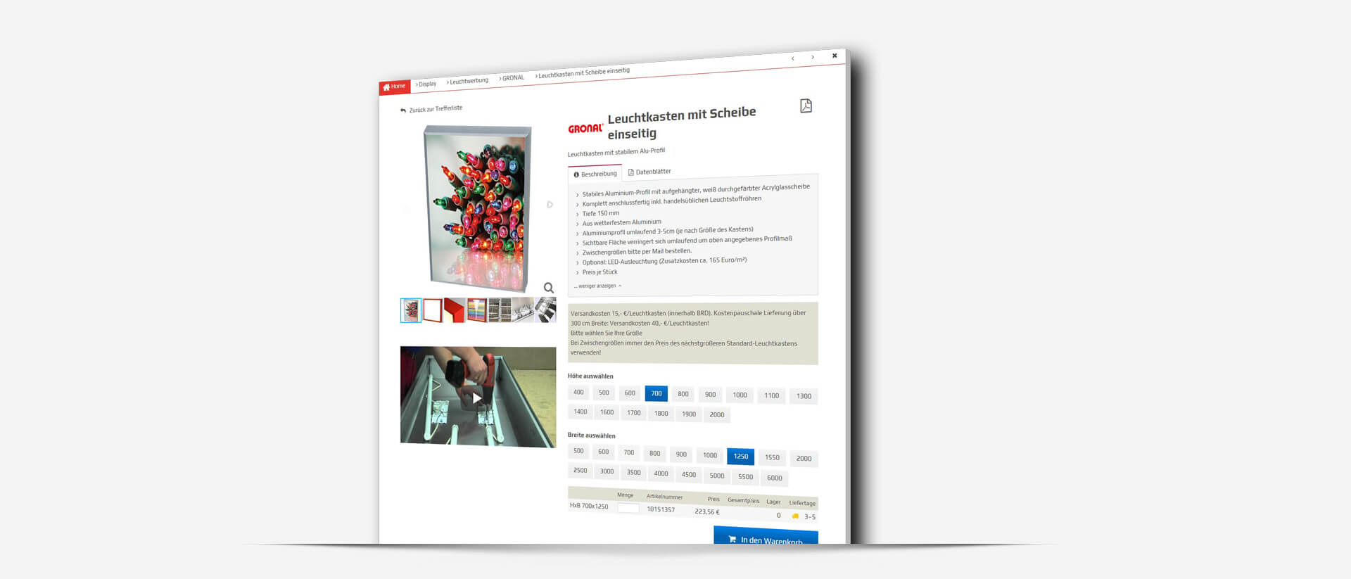 E Commerce B2B Groener Produktseite Leuchtkasten