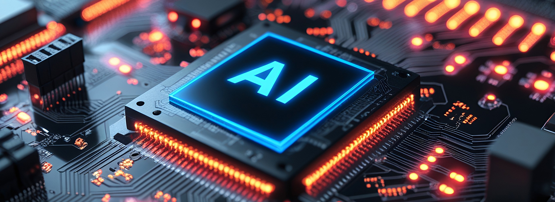 Nahaufnahme eines Computerchips mit leuchtendem "AI"-Symbol auf einer Leiterplatte.