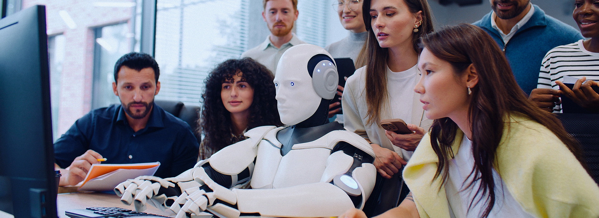 Eine Gruppe von Menschen und ein humanoider Roboter sitzen um einen Computer, vertieft in die Bildschirmarbeit.