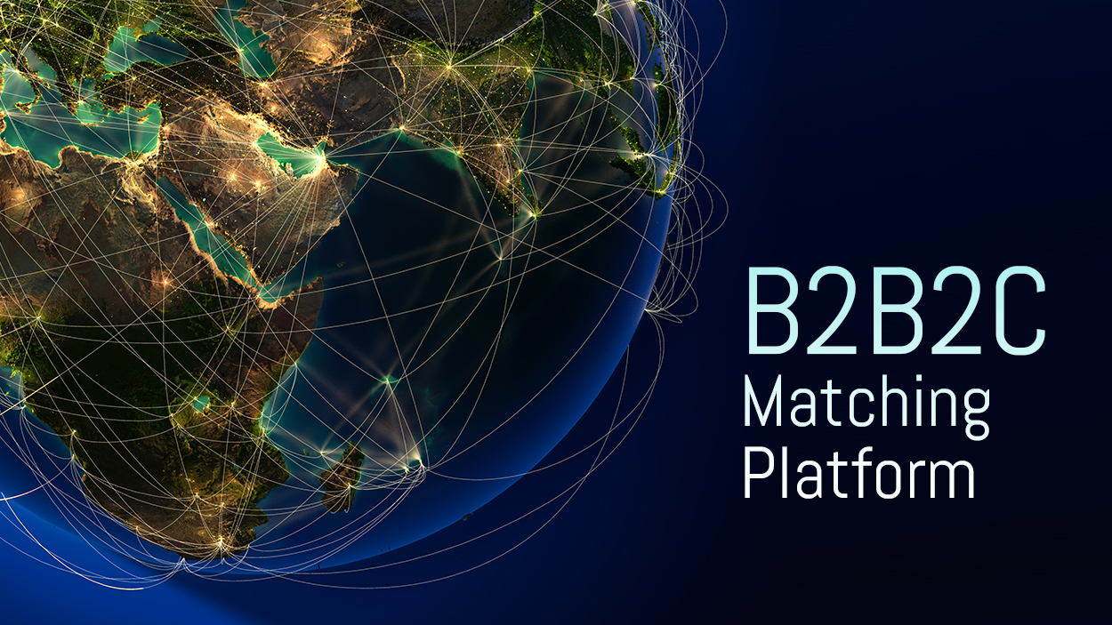 Ansicht der Erdkugel bei Nacht mit leuchtenden Verbindungen und der Aufschrift "B2B2C Matching Platform" auf dunkelblauem Hintergrund.
