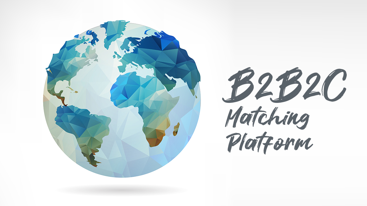 Ansicht der Erdkugel bei Nacht mit leuchtenden Verbindungen und der Aufschrift "B2B2C Matching Platform" auf dunkelblauem Hintergrund.